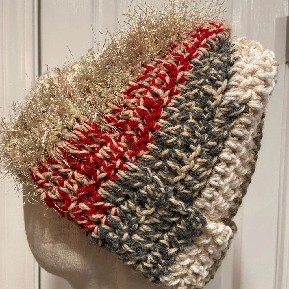 Handmade Crochet Chunky Ribbed Upcycled Multi Fiber Scrappy Yarn Beanie Hat